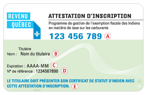 Example of an Attestation d'inscription in card form.