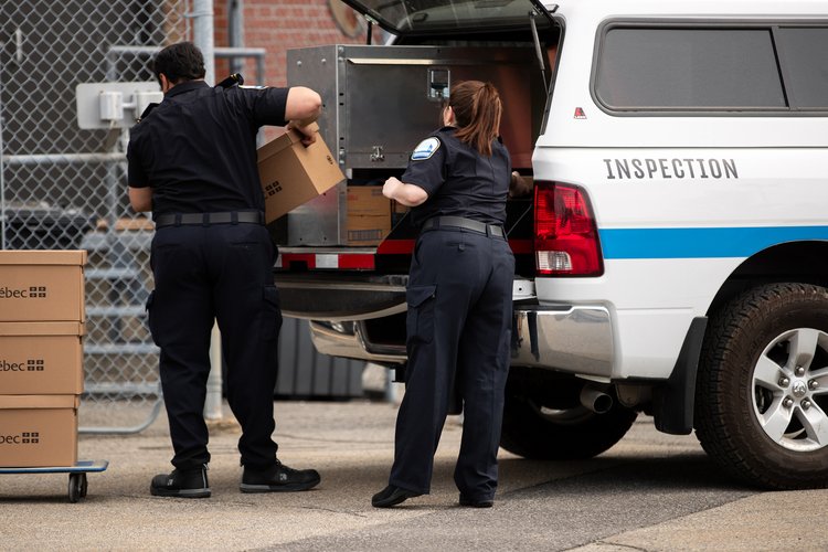 Tabac - 19 - <p>Inspecteurs déchargeant des caisses de cigarettes de contrebande d'une camionnette de Revenu Québec</p>