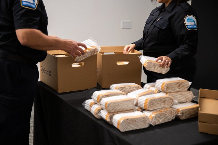 Tabac - 14 - <p>Inspecteurs mettant en boîte du tabac de contrebande saisi et des cigarettes de contrebande</p>