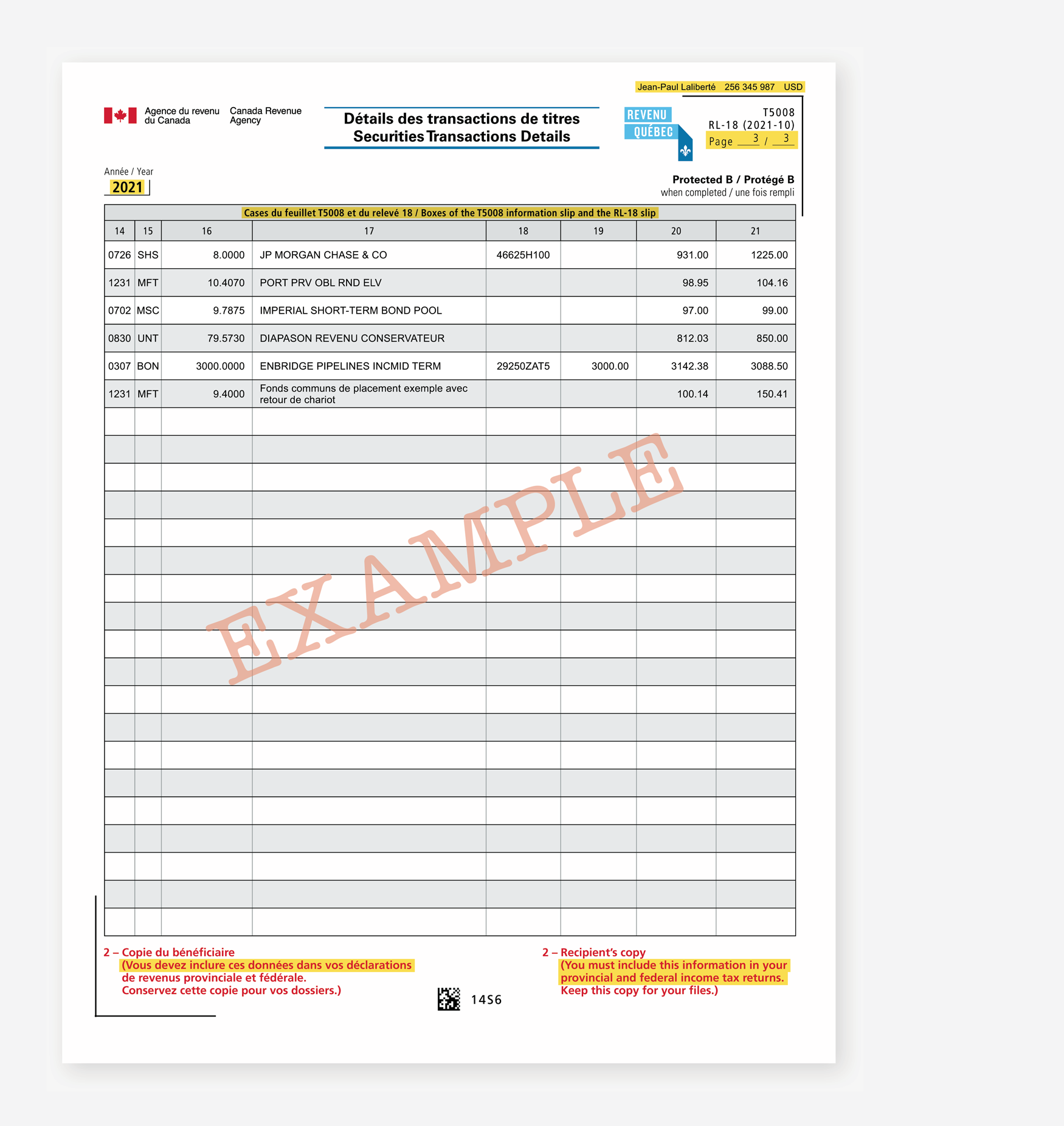Pages 3 and following: Table showing securities transactions details