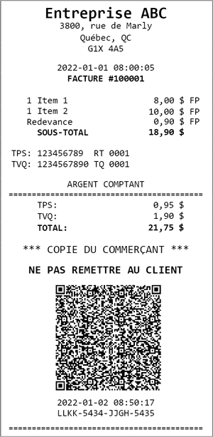 Example of a merchant's copy