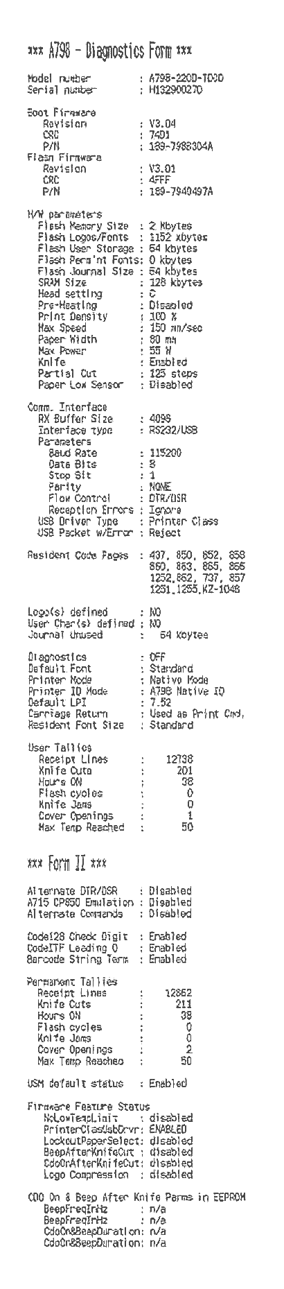 Printer status report RS-232