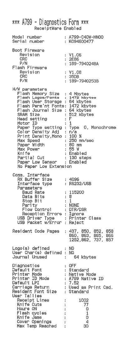 Printer status report RS-232