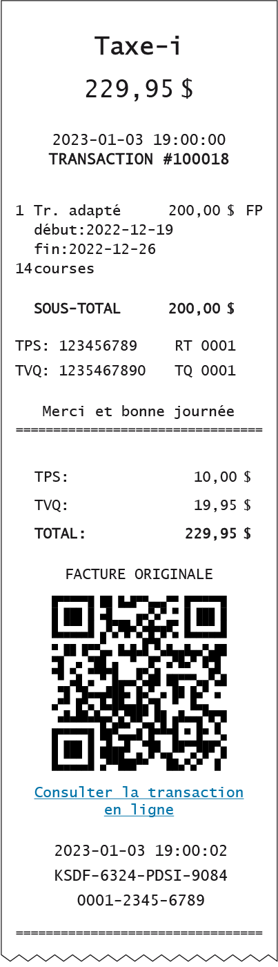 Example of a temporary bill produced for a paratransit or public transit service.